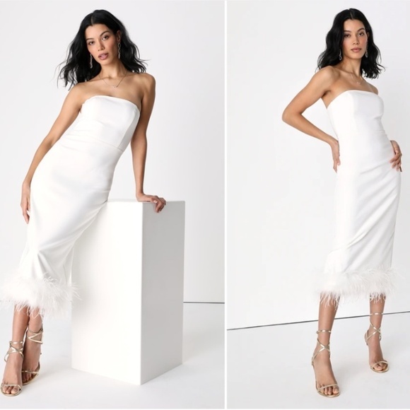LULU's Bachelorette Engagement Bridal Sexy Feather Hem Midi Dress - Picture 1 of 4